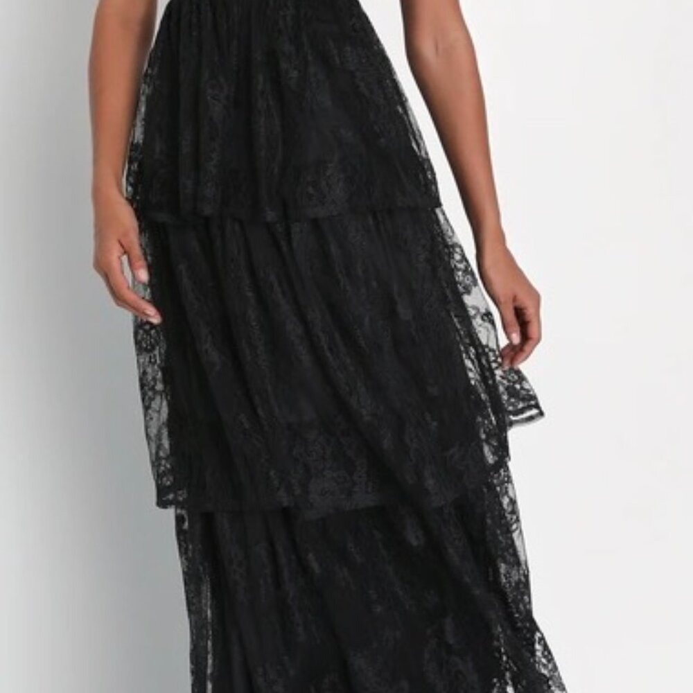 Lulus Tier I Go Black Lace V-neck Sleeveless Tiered Maxi Dress - Size XL - Picture 4 of 4